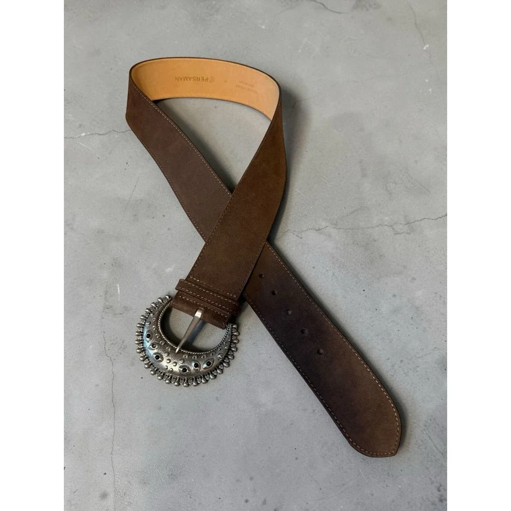 Persaman Isabella Brown Suede Leather Belt Large Buckle Size 95 Large‎ NWOT